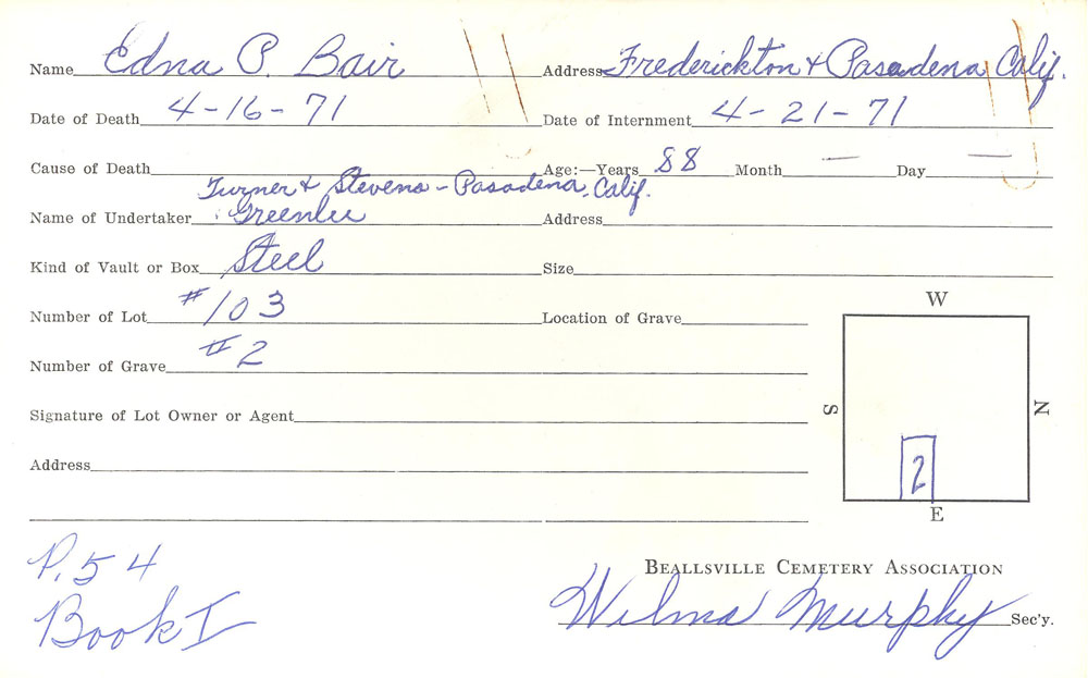 Enda P. Bair burial card